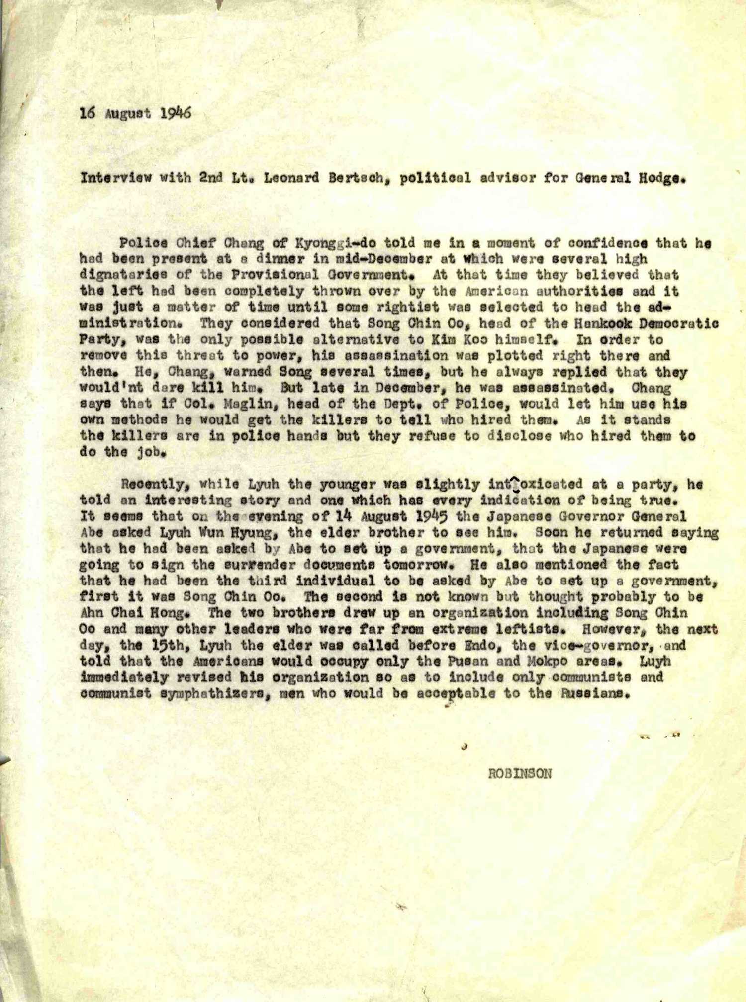 Interview with 2nd Lt. Leonard Bertsch, political advisor for General Hodge. : ◦ Robinson, Aug. 16, 1946