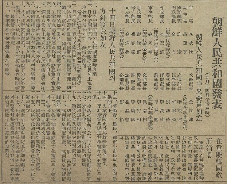 파일:1945-09-24-민중일보 조선인민공화국 조각명단.jpg